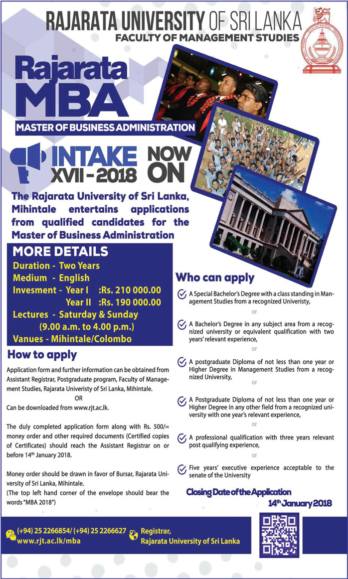 Master of Business Administration (Intake XVII 2018) - Faculty of Management Studies - Rajarata University of Sri Lanka